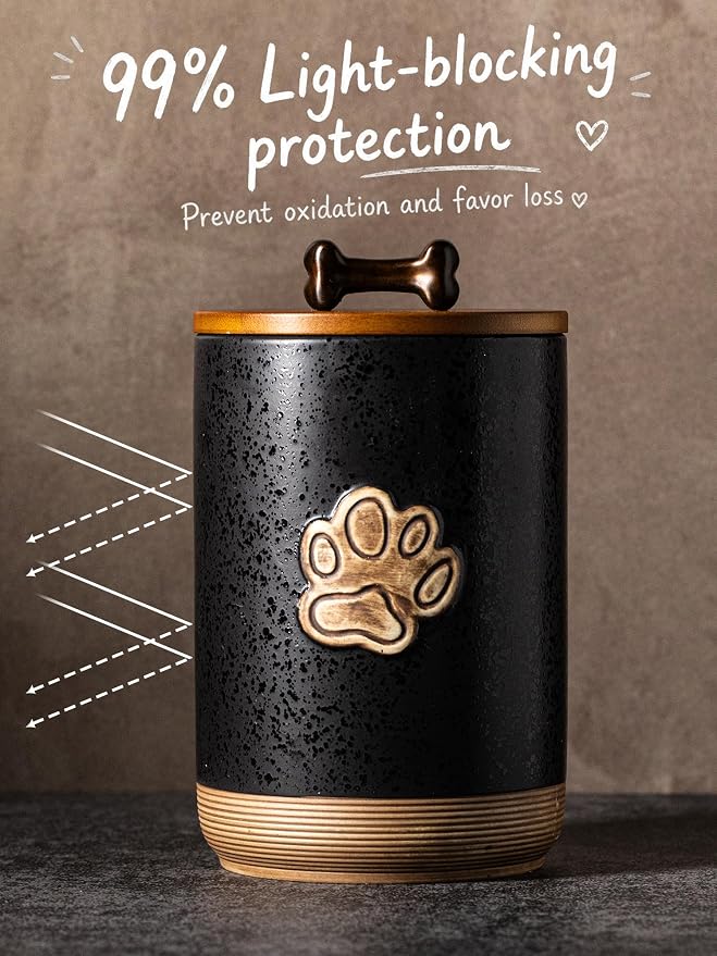 Miamolo Dog Treat Storage Container, Ceramic Dog Treat Jar with Airtight Lid, Puppy Treats Food Canister for Kitchen Counter Farmhouse Decor, Gift Doggie Snack Jar for Counter, Paw Glinting Black