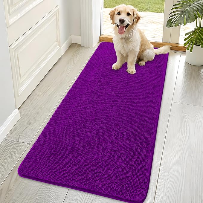OLANLY Dog Door Mat for Muddy Paws 70x35, Super Absorbent Chenille Mud Mat | Purple, Absorbs Moisture and Dirt, Non-Slip Machine Washable Doormat, Quick-Drying Indoor Entryway Floor Carpet for Dogs