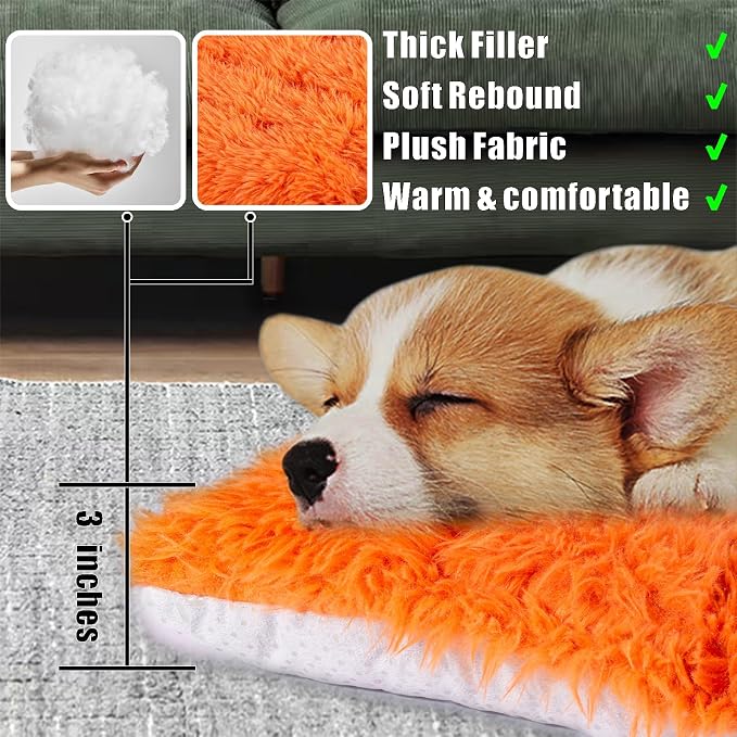 Machine Washable Dog Bed, Deluxe Plush Dog Crate Pad and Cat Bed, Anti-Slip Bottom Kennel Pad Mat, Fuzzy Pet Beds for Large, Medium, Small Dogs Breeds (Orange, 36.0" L x 24.0" W x 3.0" Th x 1 Pack)