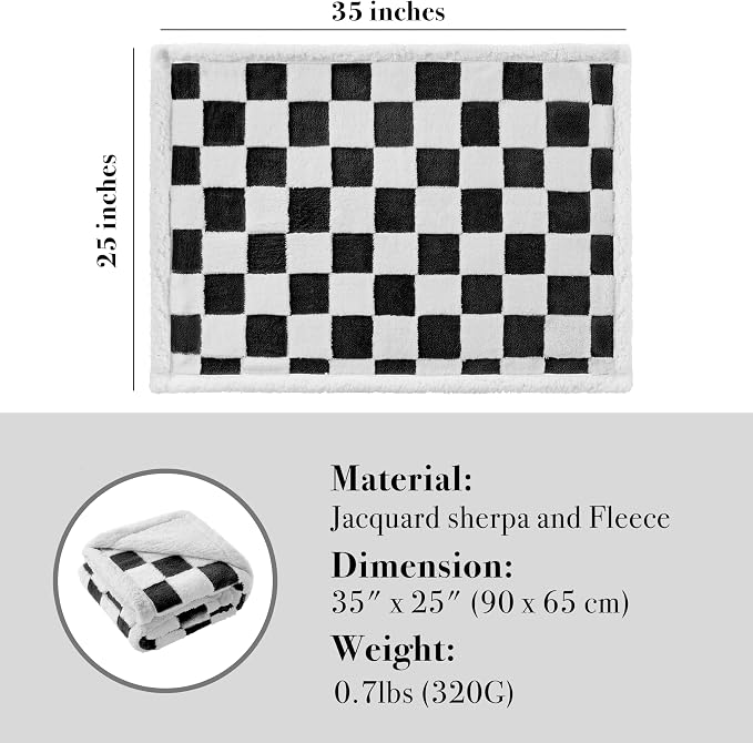 Ohocut Checkered Dog Blanket, Black White Jacquard Sherpa Blankets for Small Dog and Cats, Cute Aesthetic Style Fluffy Fleece Pets Blanket for Couch Protection Washable, 25"x35"