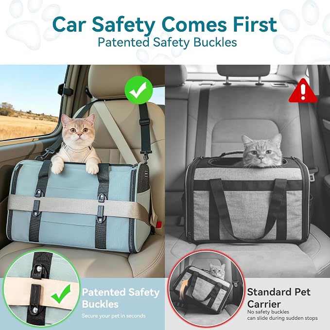 PETSFIT Large Cat Car Carrier with Patented Safety Buckles(19 x 12 x 12) – Roomy Escape-Proof for Safe Driving, Lockable Zippers & Safety Tether, Soft-Sided Travel Carrier for Road Trips & Vet Visits