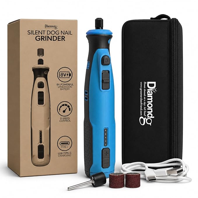 Diamondg Cordless Dog Nail Grinder - Quiet Sound with LED Light, Blue | 5-Speed Rechargeable Pet Nail Trimmer for Small & Large Dogs, USB-C Charging, 4hrs. Runtime, Painless Dog Nail Grinding Kit