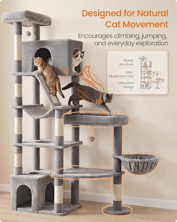 Feandrea 74.1-Inch Cat Tree Tower for Indoor Extra Large Cats, with Scratching Posts, Scratching Board, Multi-Level Design, Dove Gray UPCT016G101S
