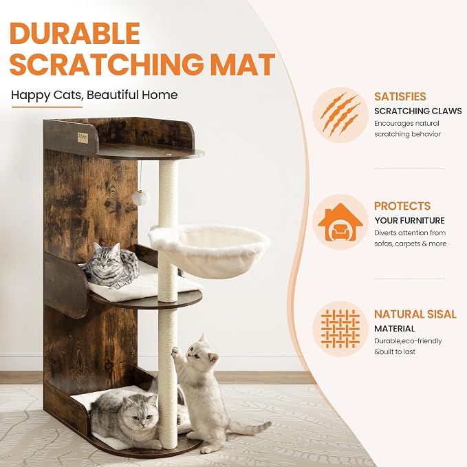 44.8in Modern Wood Cat Tree Tower for Indoor Large Cats with Perch | Multi-level Big Platforms, Sisal Scratching Posts, Cozy Hammock, Washable Pads, Ideal for Windows and Corners, Rustic Brown