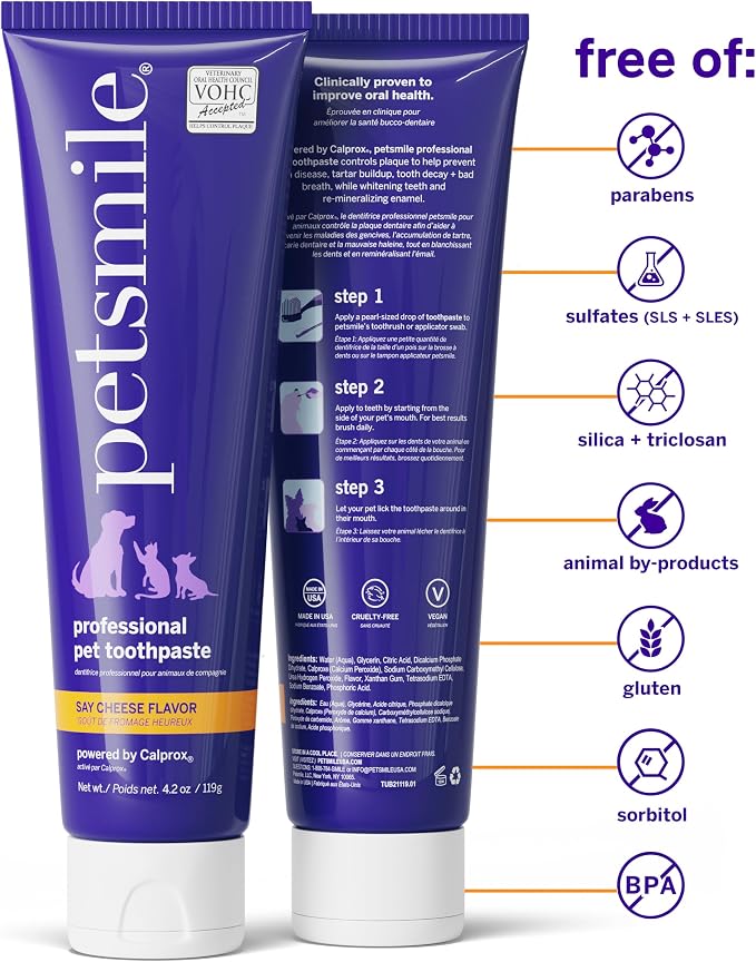 Petsmile Professional Pet Teeth Brushing Kit for Cats & Dogs - VOHC Accepted Toothpaste & Patented Toothbrush - Proven to Control Plaque & Tartar Calprox Formula (Say Cheese, 4.2 Oz)