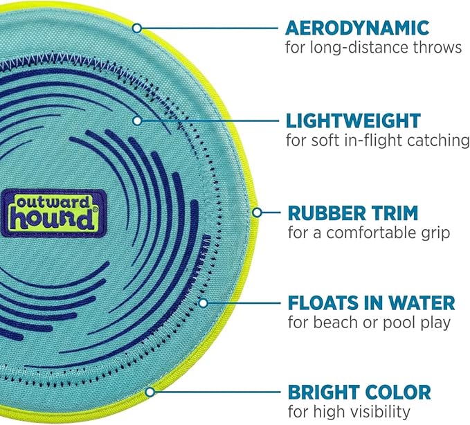 Outward Hound FlyFetch Disc Dog Toy, Aerodynamic for Fetch, Lightweight Foam & Durable Rubber, Floats in Water, All Breeds, 8.3"