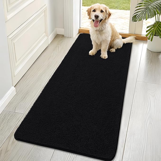 OLANLY Dog Door Mat for Muddy Paws 70x32, Super Absorbent Chenille Mud Mat | Black, Absorbs Moisture and Dirt, Non-Slip Machine Washable Doormat, Quick-Drying Indoor Entryway Floor Carpet for Dogs