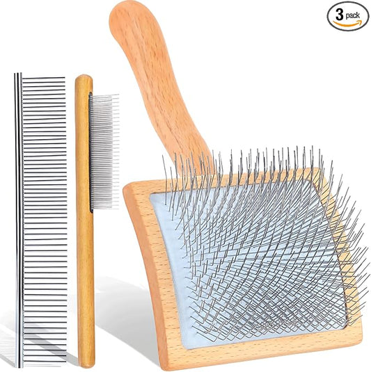 Wooden Long Pin Slicker Brush for Large Dog, Poodles & Doodles Long Hair | Grooming, Fluff & Detangle Heavy Dense Wavy Curly Coats to Easily Prevent Severe Hair Matting During Shedding Seasons