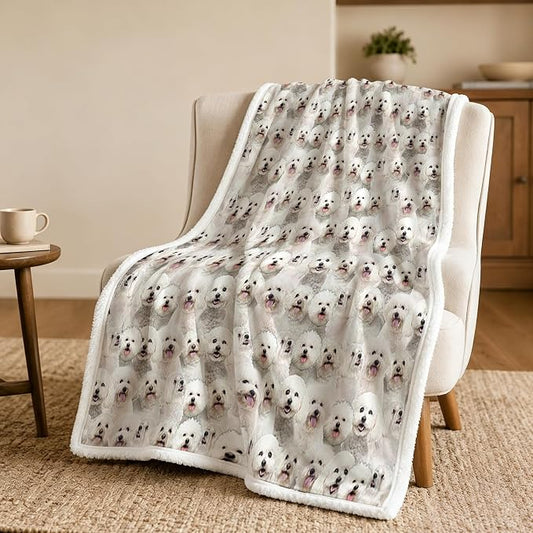 BlessLiving Throw Blanket, White Dog Animal Gift, 50x60 in | sherpa fleece fabric, Bichon Frise Dense Pet Blankets Puppy print, for couch or sofa, pet lovers, easy machine care