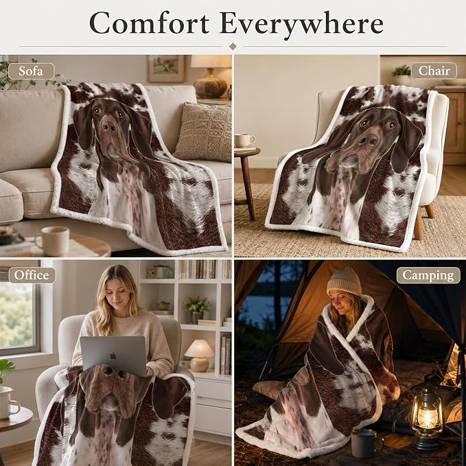 BlessLiving Throw Blanket, Brown Dog Animal Gift, 50x60 Inches | sherpa fleece fabric, German Shorthaired Large Pet Blankets Puppy print, for couch or sofa, pet lovers, easy machine care