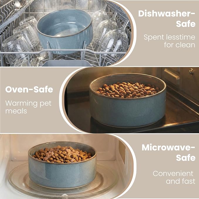 hjn Elevated Ceramic Dog Bowl with Bamboo Stand, Raised Pet Feeding Station for Small Medium Dogs Cats, Modern Design with Anti-Slip Base (Gray Blue, 3.6Cup)