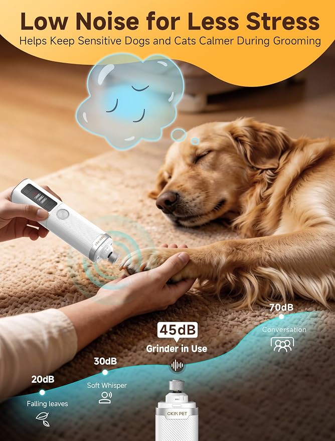 Dog Nail Grinder, Electric Dog Nail Trimmer Quiet with 2 LED Lights, 3-Speed Pet Nail Grinder for Dogs & Cats, Rechargeable 2000mAh Nail Grinder for Small Medium Large Dogs with Light, White