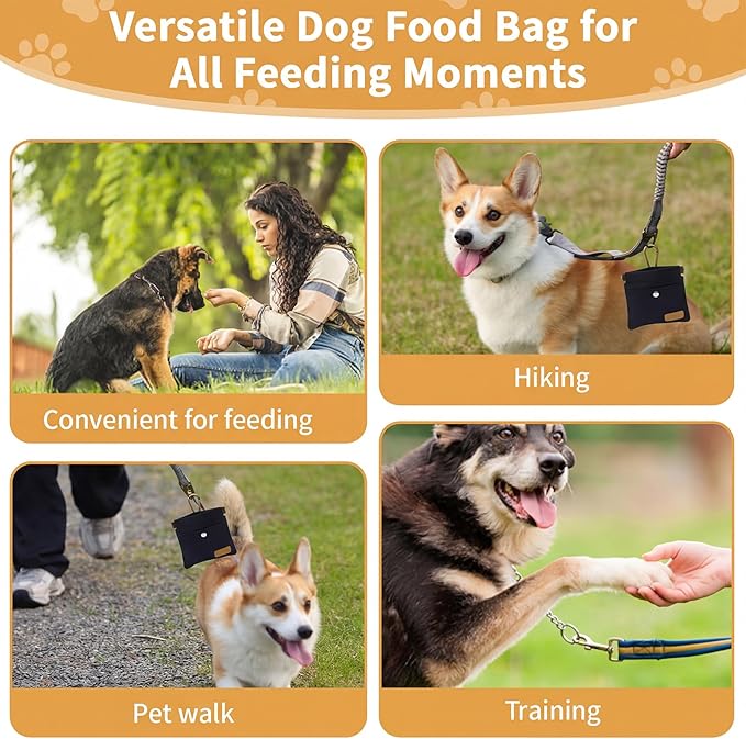 Dog Treat Pouch for Pet Training, Carabiner & Magnetic Buckle, Black | Hand Free Dog Training Treat Bag, Auto Closing Dog Walking Bag for Puppy Travel or Outdoor Use, Pet Feed Snack Reward Pocket
