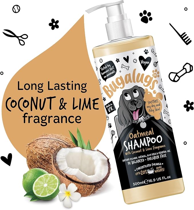 BUGALUGS Oatmeal & Aloe Vera Dog Shampoo Dog Grooming Shampoo Products for Smelly Dogs with Fragrance, Oatmeal Puppy Shampoo, Professional Vegan pet Shampoo & Conditioner