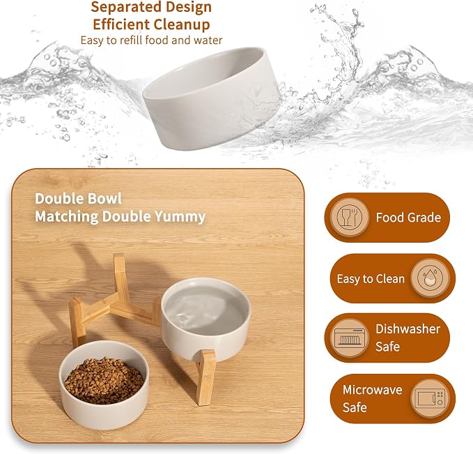 PTOBER Elevated Ceramic Dog Bowl Set - Double Feeding Bowls with Non-Slip Bamboo Stand - Raised Dog Dishes for Food and Water - Ideal for Small to Medium Breeds - 3.6 Cups