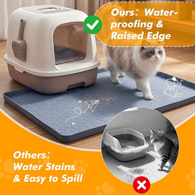 Extra Large Cat Litter Mat 47" x 35" Silicone Litter Trapping Mat for Scatter Control, Catcher for Kitty Litter, Non-Slip Waterproof Floor Protector, Easy to Clean, Gray
