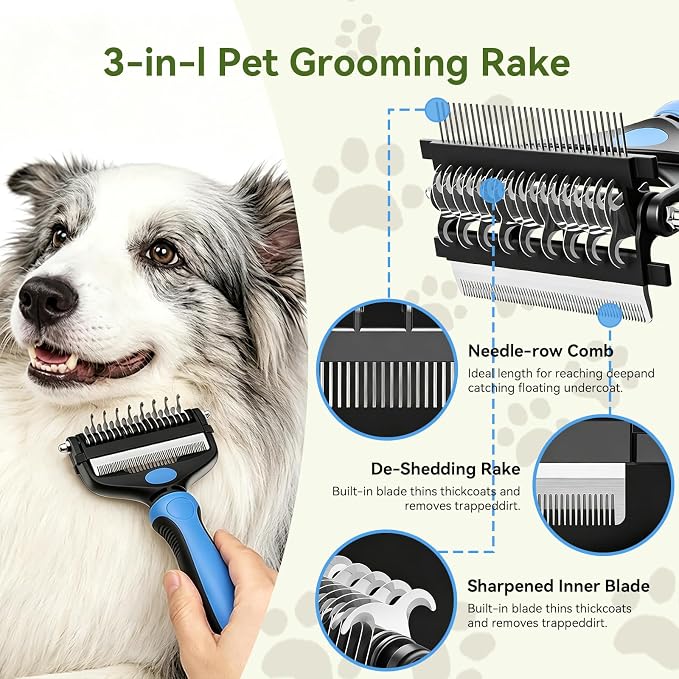 Deshedding Dog Brush, Undercoat Rake for Cats & Dogs, Pet Pro Grooming Tool | 3-in-1 Non-Slip Handle, Effectively Removes Mats Tangles & Loose Fur, Reduces Shedding for Long Short Hair Pets, Blue