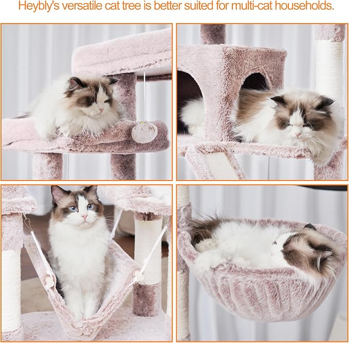 Heybly Cat Tree, 71-Inch-Tall Tower for Indoor Cats with 2 Perches HCT034MU | Large Cat Furniture with 2 Big Condos, 2 Hammocks, Basket, Scratching Pad, Multi-Level Cat Condo, Rosy Brown