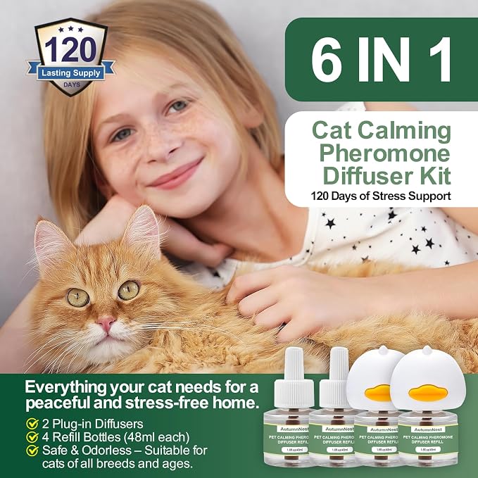 Cat Calming Pheromone Diffuser Set, 2 Diffusers + 4 Refills, 120 Days | Reduces Cat Stress, Aggression, Fighting, Marking, Meowing, Travel, Vet Visit Anxiety, Non-Toxic, Safe