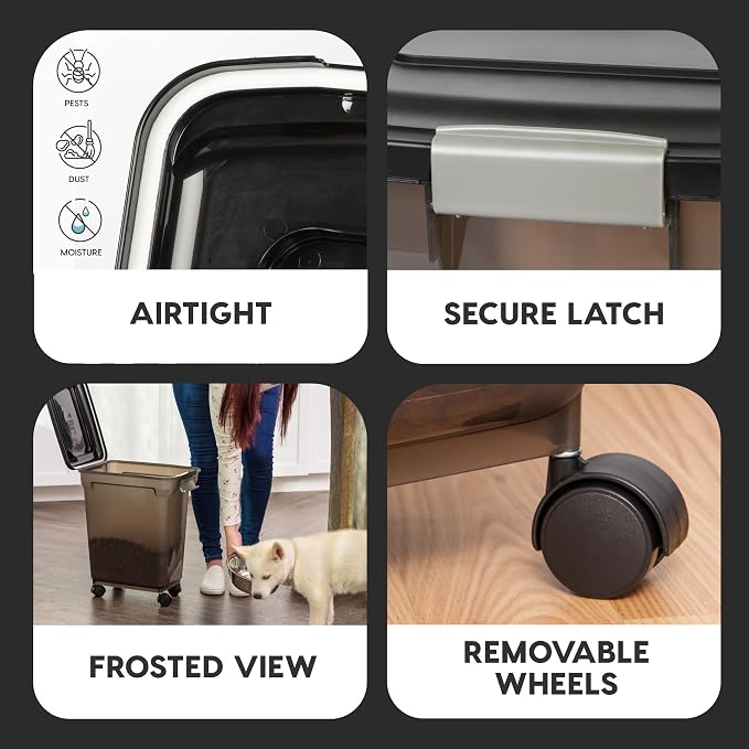 IRIS USA Dog Food Storage Container, Up to 22 lbs, Smoke, Made in USA | Wheels for Mobility, Airtight Seal, BPA-Free, Best for Cat Food, Bird Seed, Chicken Feed, Pet Toys, Treats, Pellets
