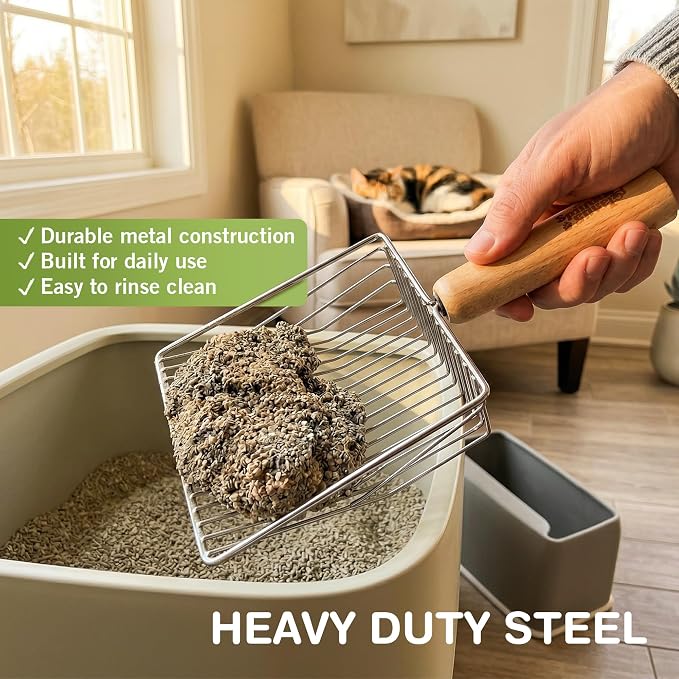 Cat Litter Scoop, Metal Litter Scooper – 5X Faster No-Shake Sifting Design, Stainless Steel Litter Scoop with Holder, Reduces Dust & Waste – Sprinkle & Sweep