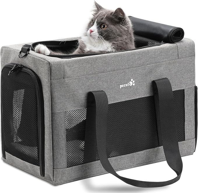 Pecute Airline Approved Cat Carrier, Pet Carrier Soft-Sided, Portable Dog Carrier with Stable Structure, TSA Approved Pet Carrier for Pets Less Than 12lbs, Cat Carrier Bag Suitable for Travel, Gray