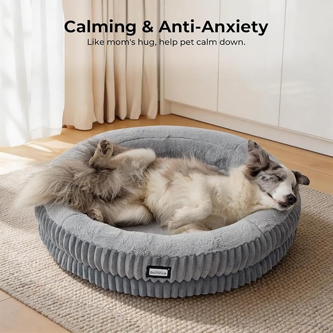 BALANCE Donut Dog Bed, 36 Inches Round Dog Bed Large Size Dogs Washable, Orthopedic Calming Dogs Beds for Kitten, Fluffy Plush Faux Fur Pet Bed with Anti-Slip Bottom