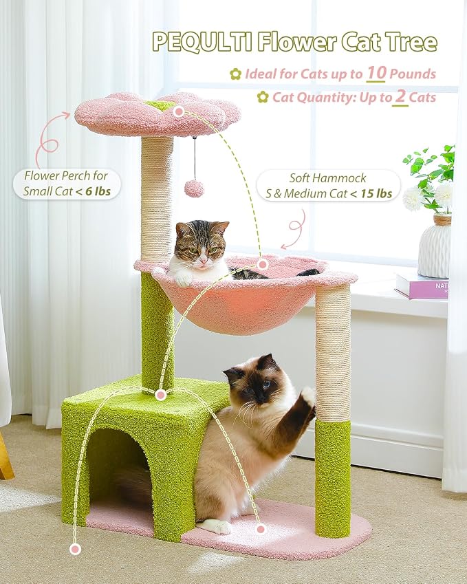 PEQULTI Flower Cat Tree, 36.6" Pink Cat Tower with Sisal Scratching Posts for Indoor Cats, Large Hammock, Condo and Pink Top Perch for Kittens, Fluffy Ball, Blue