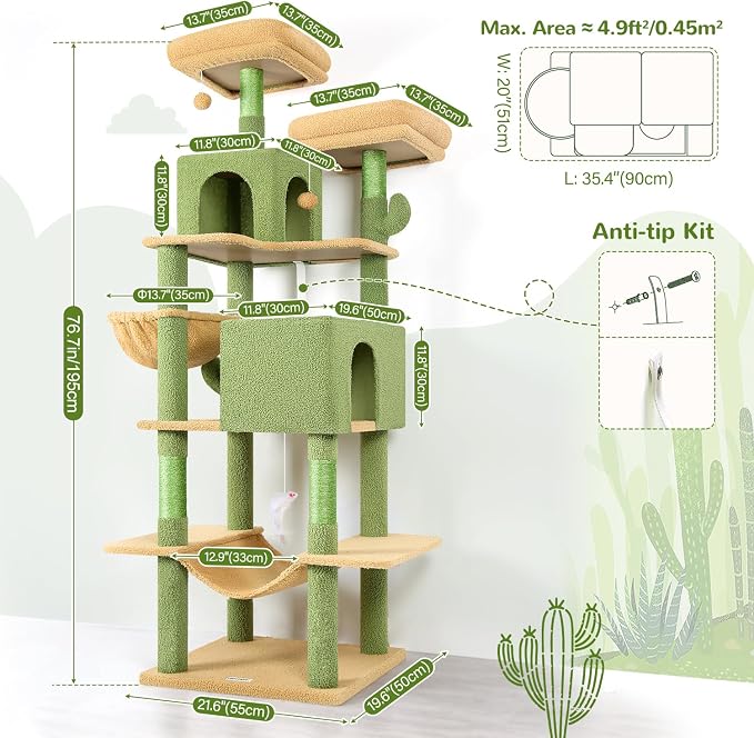 Globlazer Extra Tall Cat Tree Tower for Indoor Cats, 76in, F76, Cactus | Multi-Level Cat Furniture with Cozy Condos,Hammock and Perches for Large Adult Cats, Perfect for Climbing, Scratching