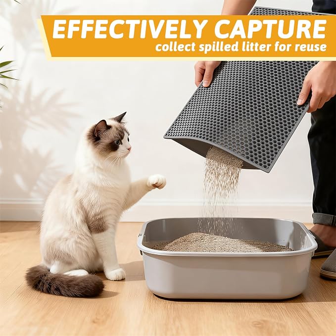 Pieviev Double Layer Cat Litter Mat Traps Scattered Litter 24''x15'' 2 Pack | Waterproof Urine Resistant Layer Litter Box Mat, Easy Collection, Soft on Kitty Paws, Gray Color for Indoor Cats