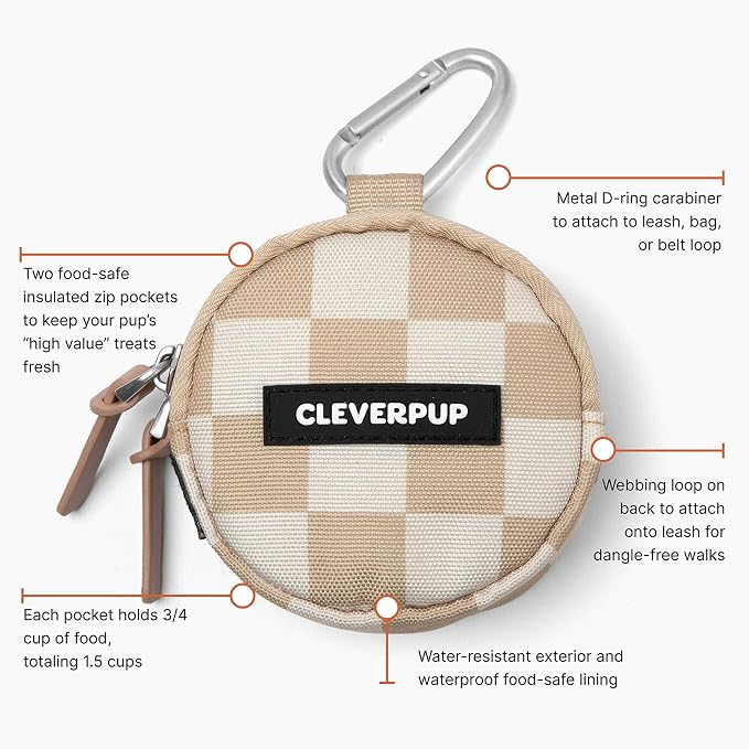 Snackpack Double Insulated Dog Treat Pouch – 1.5 Cup Capacity, 2 BPA-Free Waterproof Zipper Pockets, Carabiner for Belt/Leash – Compact Training & Travel Bag – Checkerboard