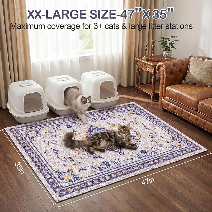 Glittme Cat Litter Mat, 47"x35" Non-Slip Washable Trapping Mat for Cats | Litter Trapping Mat With Thick PVC Coil To Catch Scatter, Soft On Paws And Waterproof Bottom To Protect Floors