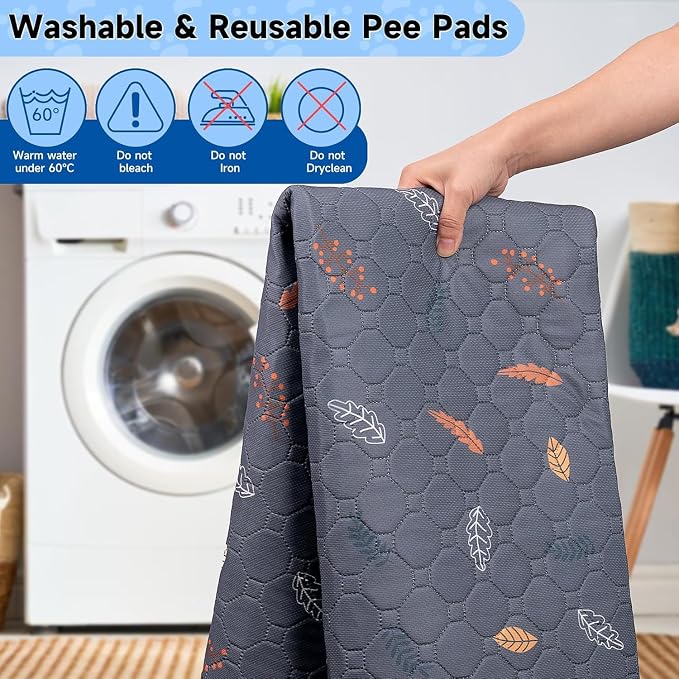 Sunheir Washable Pee Pads for Dogs Large 24" x 72" 2-Pack Reusable Puppy Pads Pet Training Pads, Absorb Dog Mats, Whelping Pad, Non-Slip Protects Against Urine Leakage, Runner Rug (Leaves - Deep Grey)