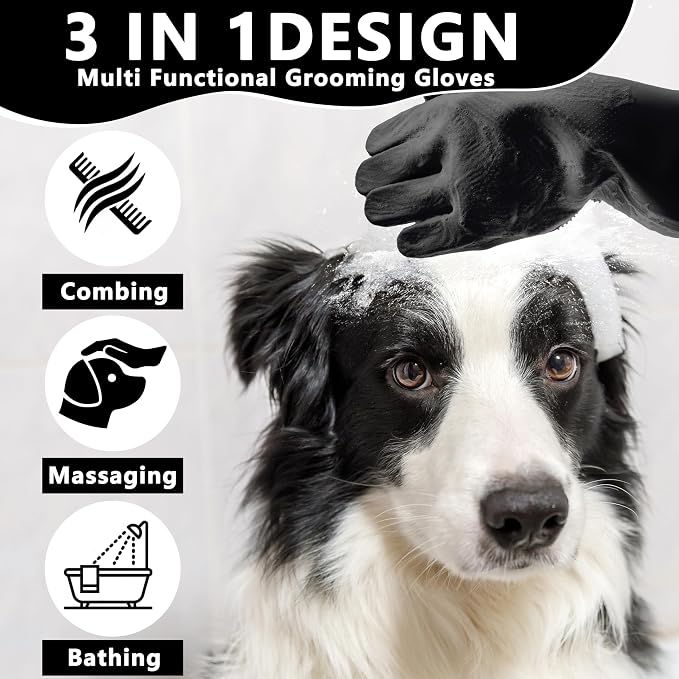 Pet Grooming Gloves—Dog Washing Gloves with High-Density Teeth | Dog Bath Scrubber with Enhanced Five Finger Design, Silicone Gloves for Dogs and Cats Bathing, Massage (Dark)