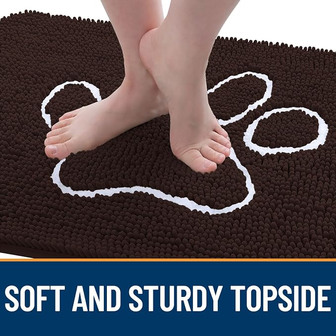 OLANLY Dog Door Mat for Muddy Paws 47x32, Paw Print Design Chenille Mud Mat | Brown, Absorbent, Traps Moisture and Dirt, Non-Slip Washable Doormat, Quick-Drying Indoor Entryway Floor Carpet for Dogs