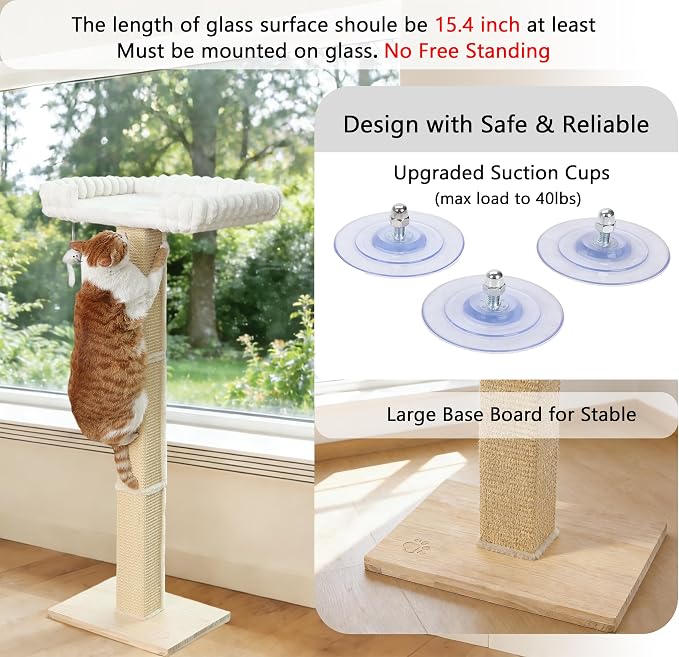 Cat Scratching Post with Large Window Perch, 47-Inch Tall Sisal Cat Tree | Glass Suction-Cup Mounting; For Large Cat & Maine Coons; Thick Square Sisal Post; Ultra-Soft Bolstered Bed; Hold Up to 45 lbs
