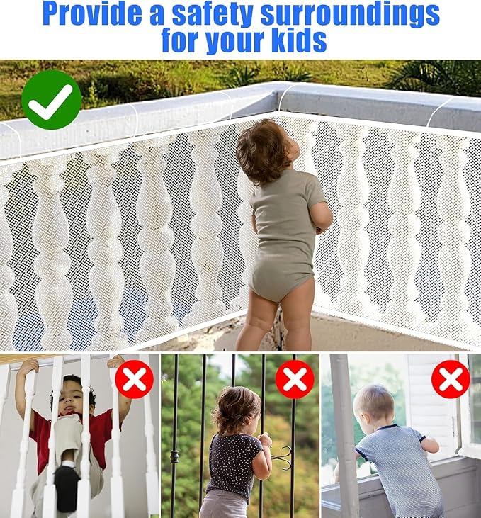 Baby Gate for Stairs, Banister Guard for Kids, Pets, Toys, 2 Set 10 ft x 2.6 ft Mesh Netting Safety Net for Balcony Rail Stair, Stairway Net Safety Products for Indoor & Outdoor (White)