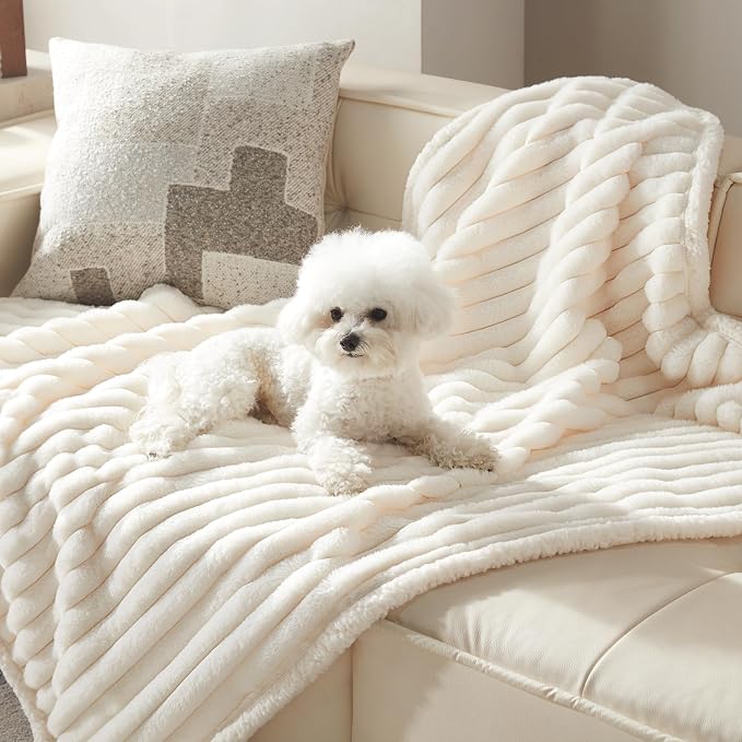 Waterproof Dog Blanket for Small Dogs, Corduroy Fleece Pet Blanket Washable, Dual-Sided Puppy Cat Blankets for Furniture Protection, Cozy Calming Couch Blanket for Doggy, 25"x35", Cream