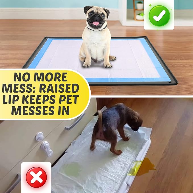 TidyFriend 2 Pk Dog Pee Pad Holder Tray Fits for 30” x 36” Pee Pads with Corner Lock Holes, Raised Edges, Non-Spill, Easy to Clean Silicone Dog Potty Tray Holder, for Indoor Floor Protection (Grey)