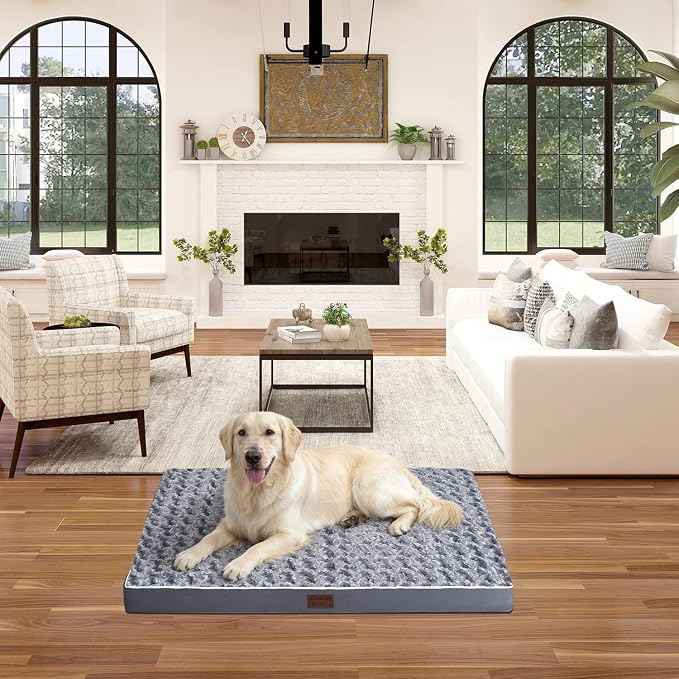 Orthopedic Rose Plush Cover Dog Bed,Large XXL Sized Dog 47''X29''x4'' Soft Waterproof Egg Foam Pet Crate Beds Mat or Kennel Pads with Removable Washable Cover,Non-Slip Bottom,Grey