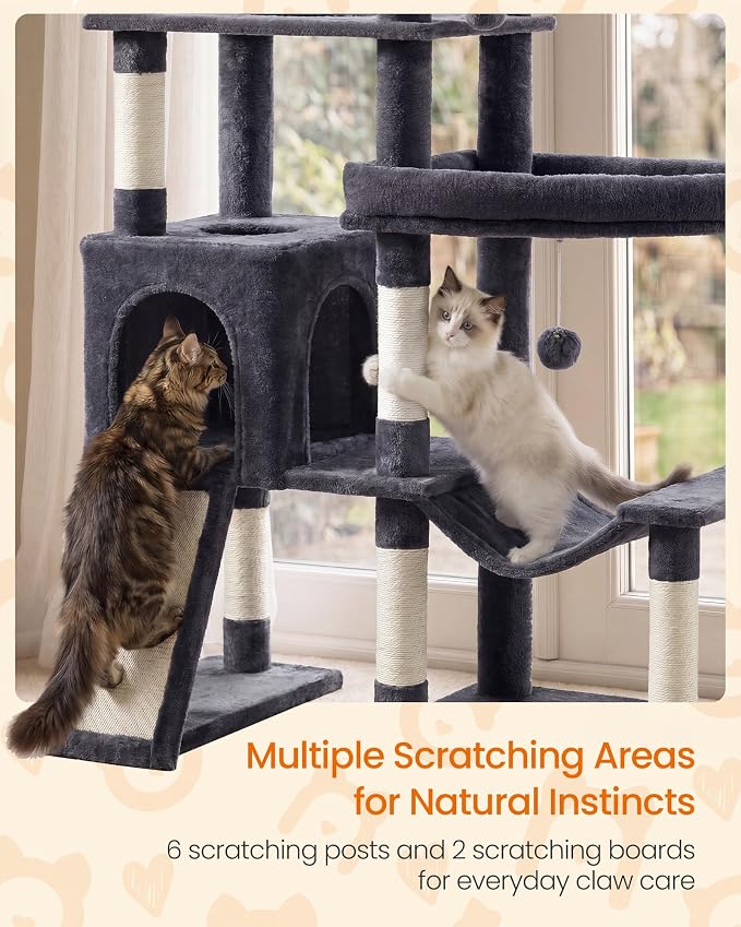 Feandrea Multi-Level Cat Tree for Large Cats, 79.5 inch Tall Cat Tower with 6 Resting Areas and Sisal Scratching Posts, 41.3 x 17.7 x 79.5 inch, Dark Gray Clawfy Collection UPCT020G201