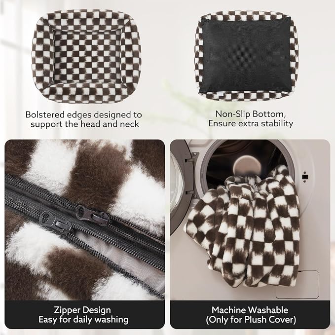 JOEJOY Dog Bed Medium Size Dog, Removable Washable Cover Orthopedic Soft Pet Bed, Anti-Slip Fluffy Plush Faux Rabbit Fur Puppy Bed, 30"x24"x8", Checkered, Brown