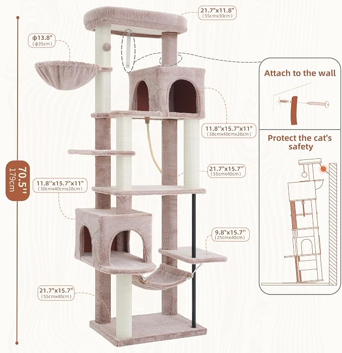 Cat Tree, Cat Tower with Sturdy Steel Tube, Large Perch GCT024MU | 70.5'' Cat Furniture with Scratching Post, Hammock, Basket and Big Platform for Indoor Cats Large Adult, Mushroom