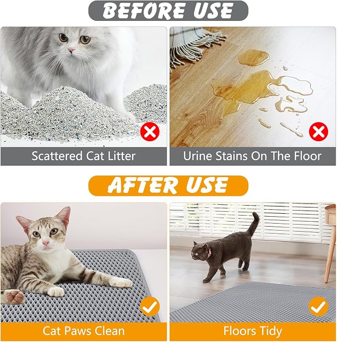 Double Layer Cat Litter Mat, Waterproof Non-Slip, 30 x 24 Inch | Honeycomb litter trapping, EVA soft on paws, urine-resistant bottom, easy shake or rinse clean