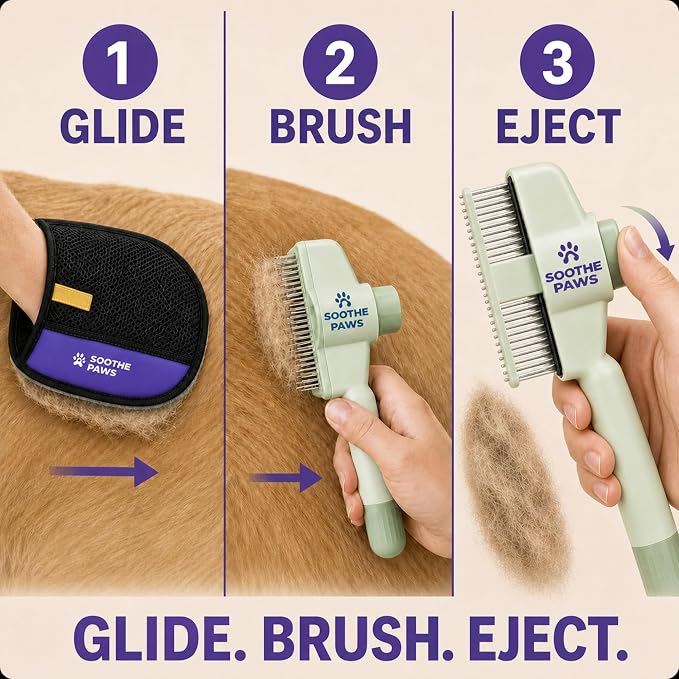 Pet Hair Remover Glove for Dogs & Cats, Self-Cleaning Deshedding Brush Kit | 2-in-1: deshedding brush grooms your pet; electrostatic glove lifts pet hair from cloth couches, car seats & clothing