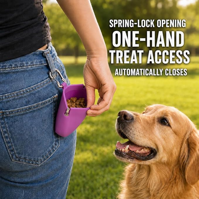 1 Cup Silicone Dog Treat Pouch, Dog Training Treat Bag, Pink | One-Hand Use, Auto-Closes, No Spills When Inverted, Carabiner Keeps Pouch Secure, Easy to Clean, Holds Dry or Wet Dog Food