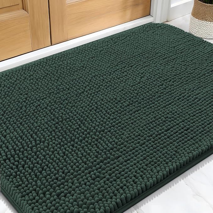 OLANLY Dog Door Mat for Muddy Paws 34x21, Super Absorbent Chenille Mud Mat | Blackish Green, Absorbs Moisture and Dirt, Non-Slip Machine Washable Doormat, Quick-Dry Indoor Entryway Floor Carpet for Dogs