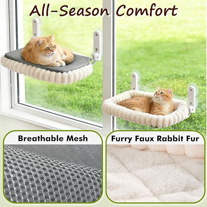 Zoratoo 2PC Cloud-Cuddle Cat Window Perch, Foldable Cat Hammock, M White | 2-in-1 Reversible Cover, Removable for Machine Wash, Stable Window Resting Seat with Large Suction Cups for Indoor Cats