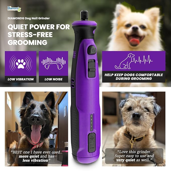 Diamondg Cordless Dog Nail Grinder - Quiet Sound with LED Light, Purple | 5-Speed Rechargeable Pet Nail Trimmer for Small & Large Dogs, USB-C Charging, 4hrs. Runtime, Painless Dog Nail Grinding Kit