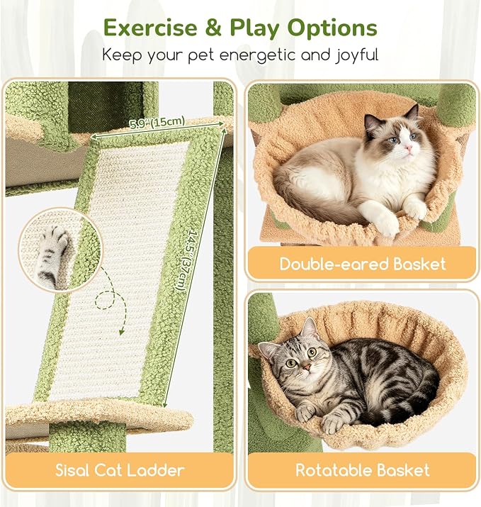 Globlazer 80in Extra Large Cactus Corner Cat Tree Tower S80G, Green | Tall Cat Condo For Multiple Indoor Cats Large Adult Kittens, Scratching Posts & Board, Widened Perches, Adjustable Baskets